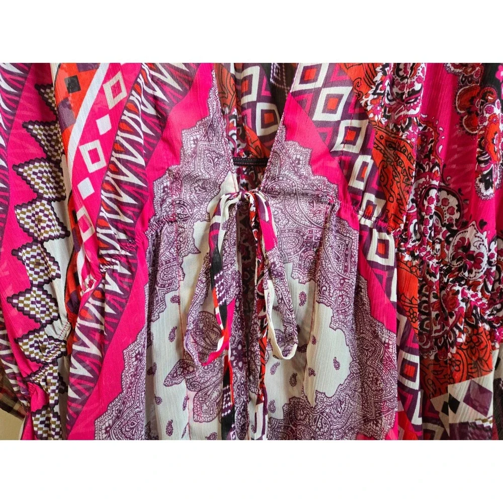 Maggie‎ Barnes Pink Paisley Geometric Kimono Cover Up Drawstring Waist 3X